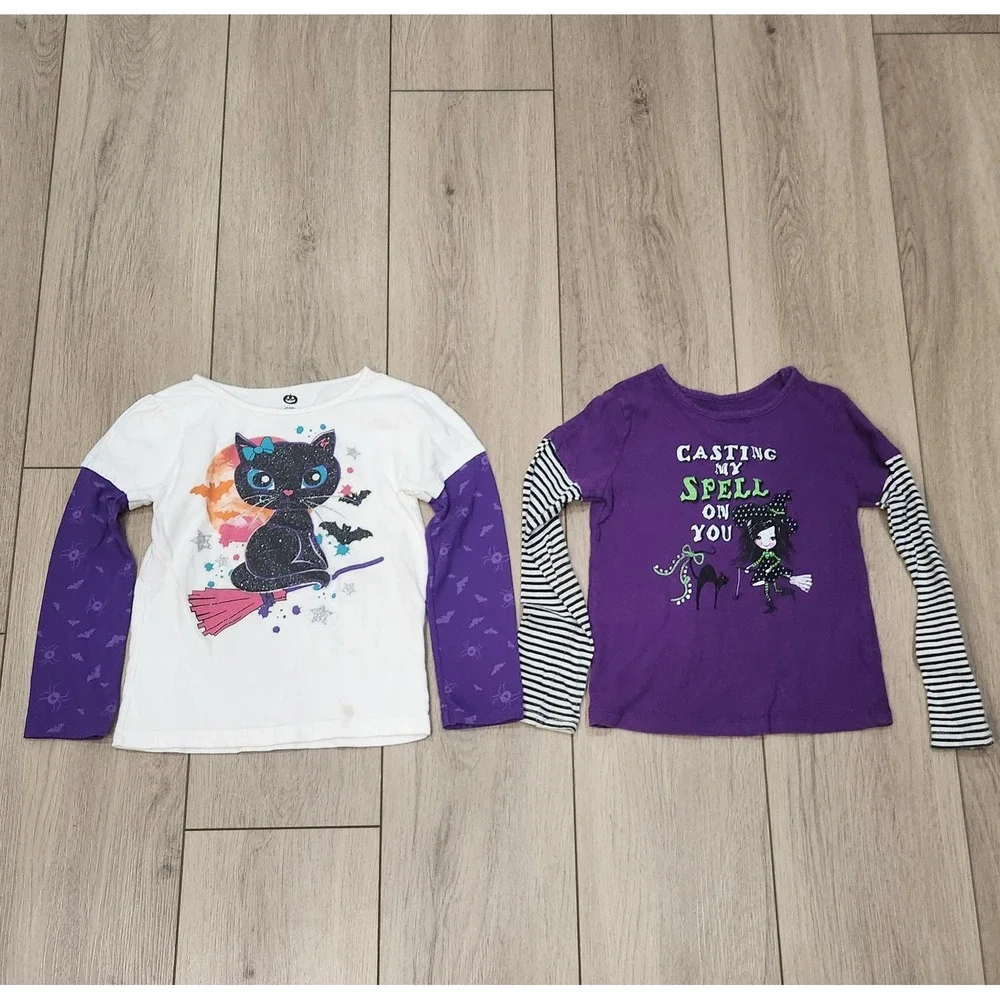 Halloween Graphic Shirts Toddler Girls 4T Witch Cat Purple Lot of 2 See photos